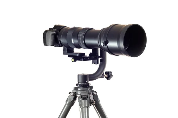 Horizontal Shot Digital Camera Tripod Super Telephoto Lens Isolated White — Stock Photo, Image