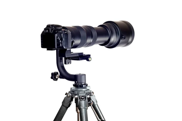 Horisontell Bild Gimbal Tripod Head Håller Digitalkamera Med Lång Telezoom — Stockfoto