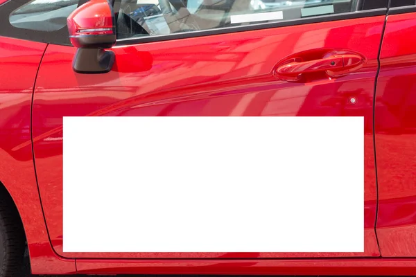 Horizontal Close Shot Blank White Sign Red Car Door — Stock Photo, Image