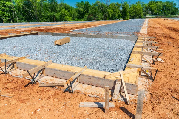 Tiro Horizontal Trabalho Inicial Terra Para Despejar Lajes Concreto Novo — Fotografia de Stock