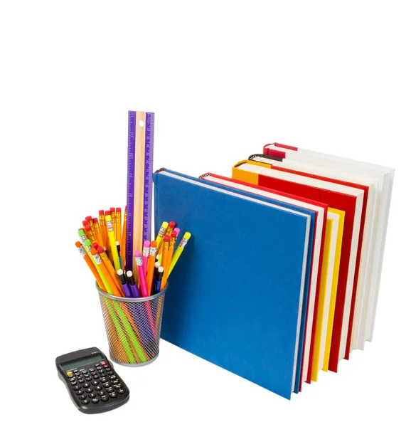 Vertical Shot Group School Supplies Books Calculator Wire Pencil Holder — Stock Photo, Image