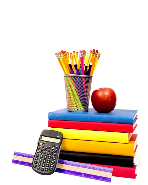 Vertical Shot New School Supplies Colorful Books Ruler Calculator Pencils — Stock Photo, Image