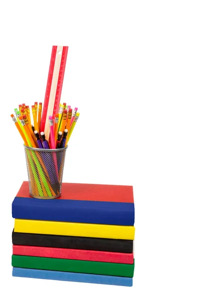 Vertical Shot Stack Colorful Books Wire Pencil Holder Top Full — Stock Photo, Image