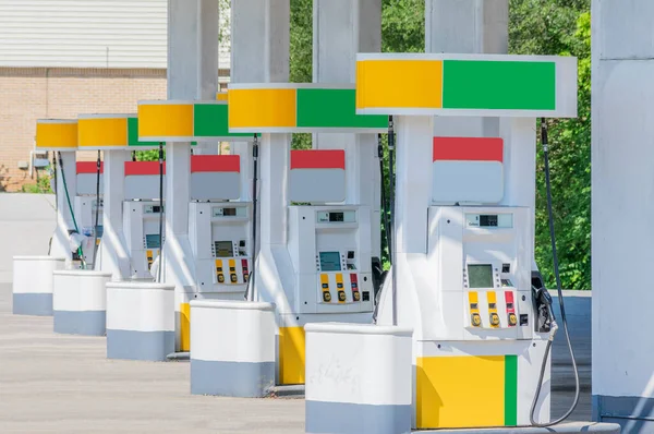 Horizontal Shot Row Fuel Pumps Branding Removed Colors Changed — Stock Photo, Image