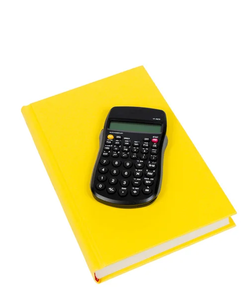 Plan Vertical Livre Couleur Jaune Vif Avec Une Calculatrice Sur — Photo