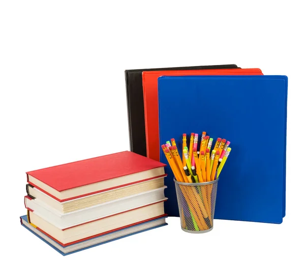 Piękne Zdjęcie Stosu Książek Obok Kolorowych Zeszytów Ołówków Uchwycie Ołówek — Zdjęcie stockowe