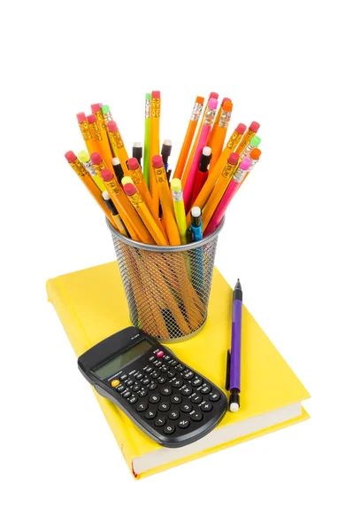 Vertical Shot Colorful Pencils Different Kinds Pencil Holder Resting Brightly — Stock Photo, Image