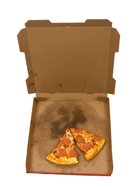 Overhead Vertical Shot Two Slices Pepperoni Pizza Left Delivery Box — Stock Photo, Image