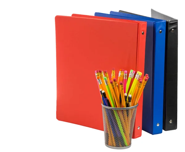 Essentials Student Needs School Colorful Notebooks Pencils Isolated White Background — Stock Photo, Image