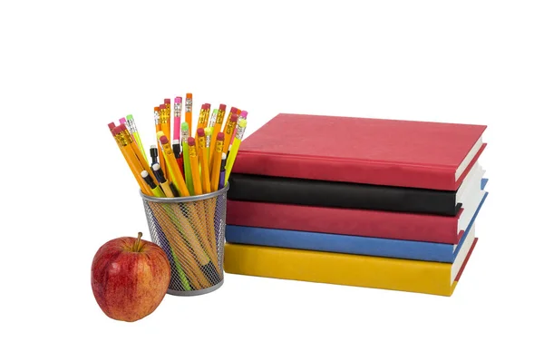 Colorful Horizontal Photo Stack Books Apple Colorful Pencils Isolated White — Stock Photo, Image