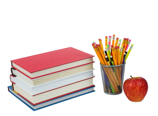 Horizontal Isolated White Shot Stack Books Colorful Pencils Holder Red — Stock Photo, Image