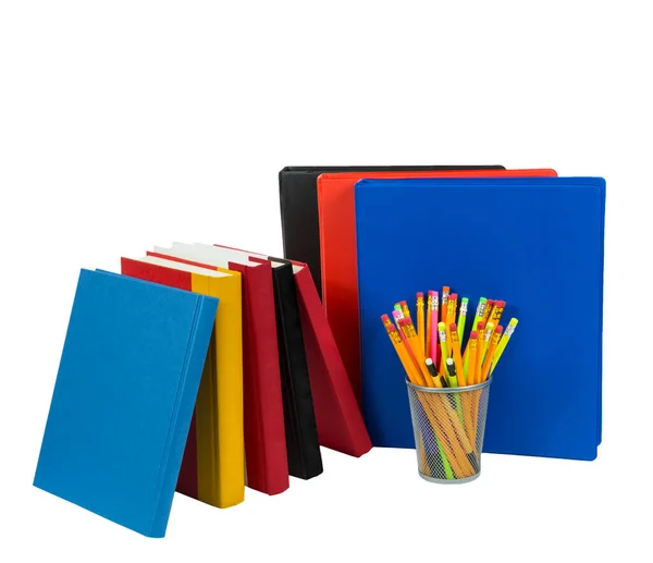 Fotografía Horizontal Colores Brillantes Libros Cuadernos Lápices Portalápices Aislados Sobre — Foto de Stock