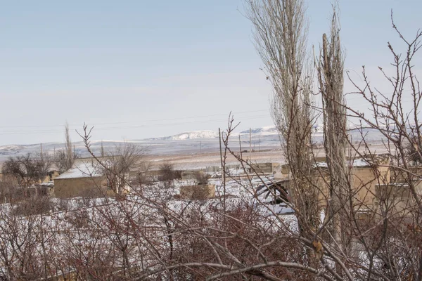 Pequeño Pueblo Invierno Árboles Paisaje Sin Hojas Para Fondo Diseño —  Fotos de Stock