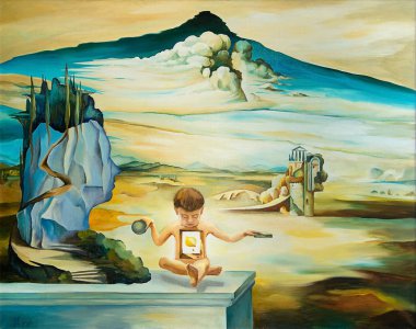 Orijinal yağlıboya Salvador Dali üzerinde dayalı. bir kadın baş, çocuk, bulutlar, var olmayan bir şehir, Salvador Dali Resimleri alınan motifleri silüeti