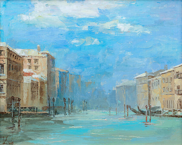 Original oil painting, Venice canal on a sunny day. View of the canal, right and left of the house, is made in the technique of large swabs