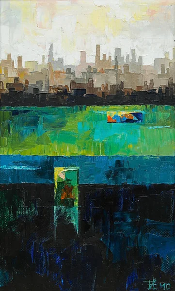 Original oil painting, abstract city by the ocean. Dark lower part of the picture, bright sky, rectangles, landscape of rectangles