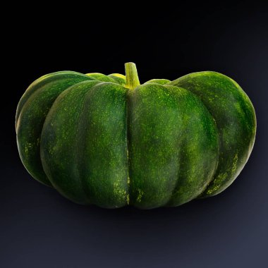 Yeşil büyük kabak, yan görünüm, koyu arka plan üzerinde. Balkabağına yandan fotoğraflandı, doğal üründür, kök, bir streç ile karanlık bir arka plan üzerinde görülüyor