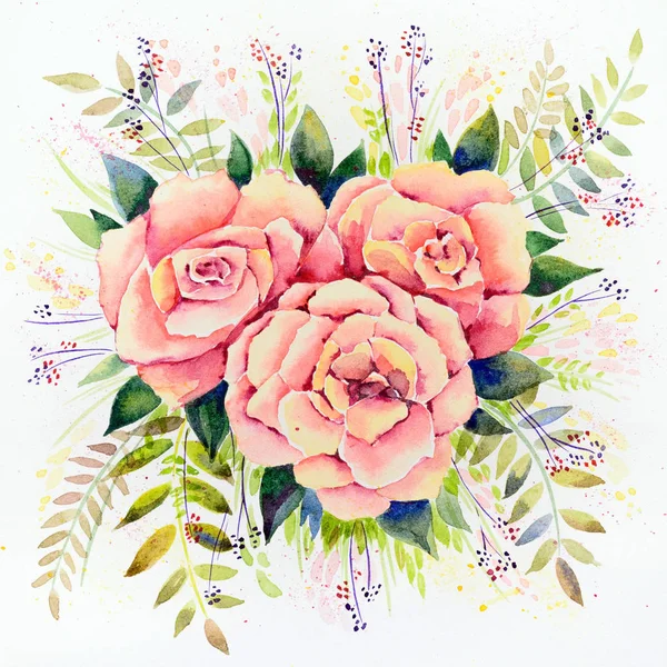 Оригинальный Акварель Три Розовых Розы Листьями Белом Фоне Три Больших — стоковое фото