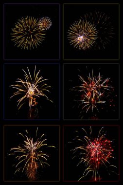 Altı selamlıyor siyah arka plan üzerine bir top, bir çeşme, sarı, kırmızı, mor, siyah arka plan şeklinde altı farklı alemi kümesi