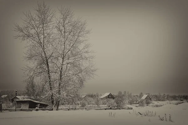 Noite Inverno Aldeia Rússia Foto Preto Branco Tonificado Antigo Várias — Fotografia de Stock