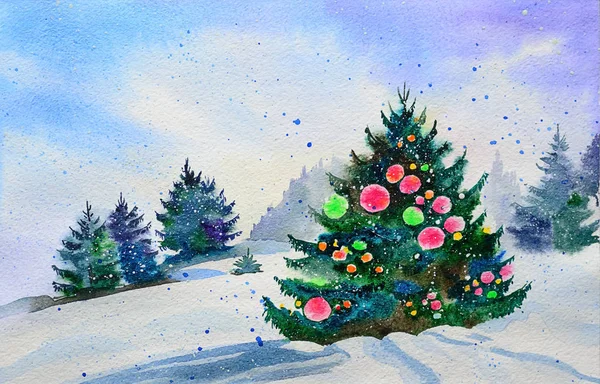 Зимний пейзаж с елкой, оригинальная акварельная живопись — стоковое фото
