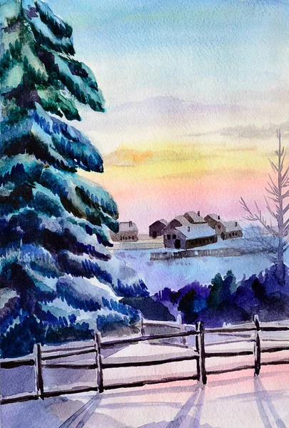 Původní akvarel zimní západ slunce v Arkchangelsku — Stock fotografie