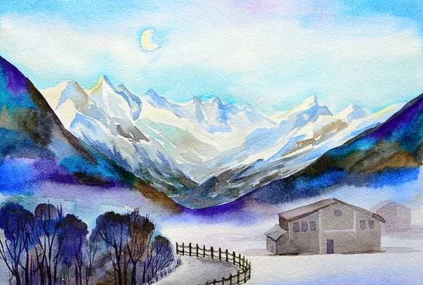 Acuarela original, Mañana de invierno en las montañas de Austria —  Fotos de Stock