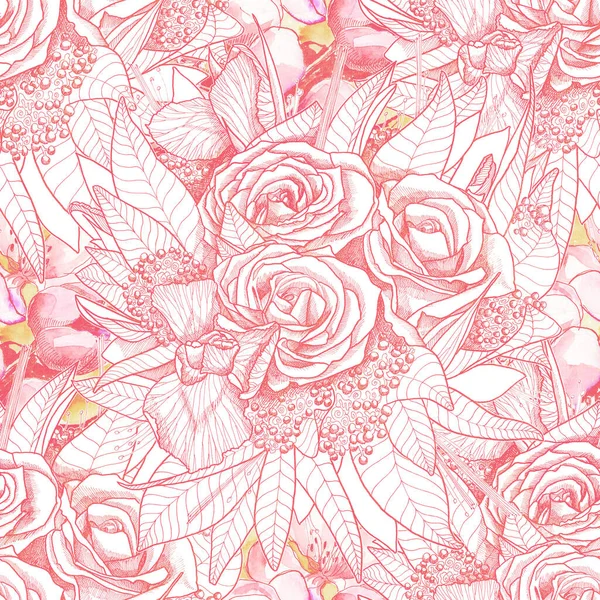 Nahtloses Muster, ein Strauß Rosen und Apfelblätter, Aquarell und Grafiken, handgefertigt — Stockfoto