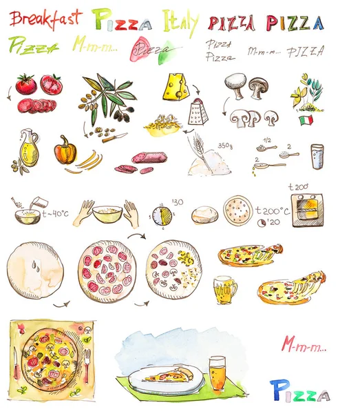 Set of drawings of ingredients and cooking pizza recipe, watercolor and pen handmade