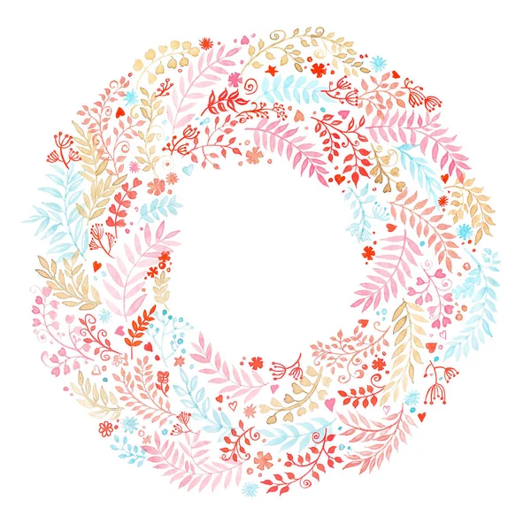 Flower wreath. Pink and blue branches, pink flowers and hearts. Watercolor, handmade on a white background. — Stock Photo, Image