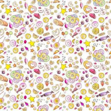 Kusursuz şekerlemeler: tatlılar, meyveler, kekler, çörekler, yıldızlar. Beyaz arkaplanda suluboya, kalem, el yapımı