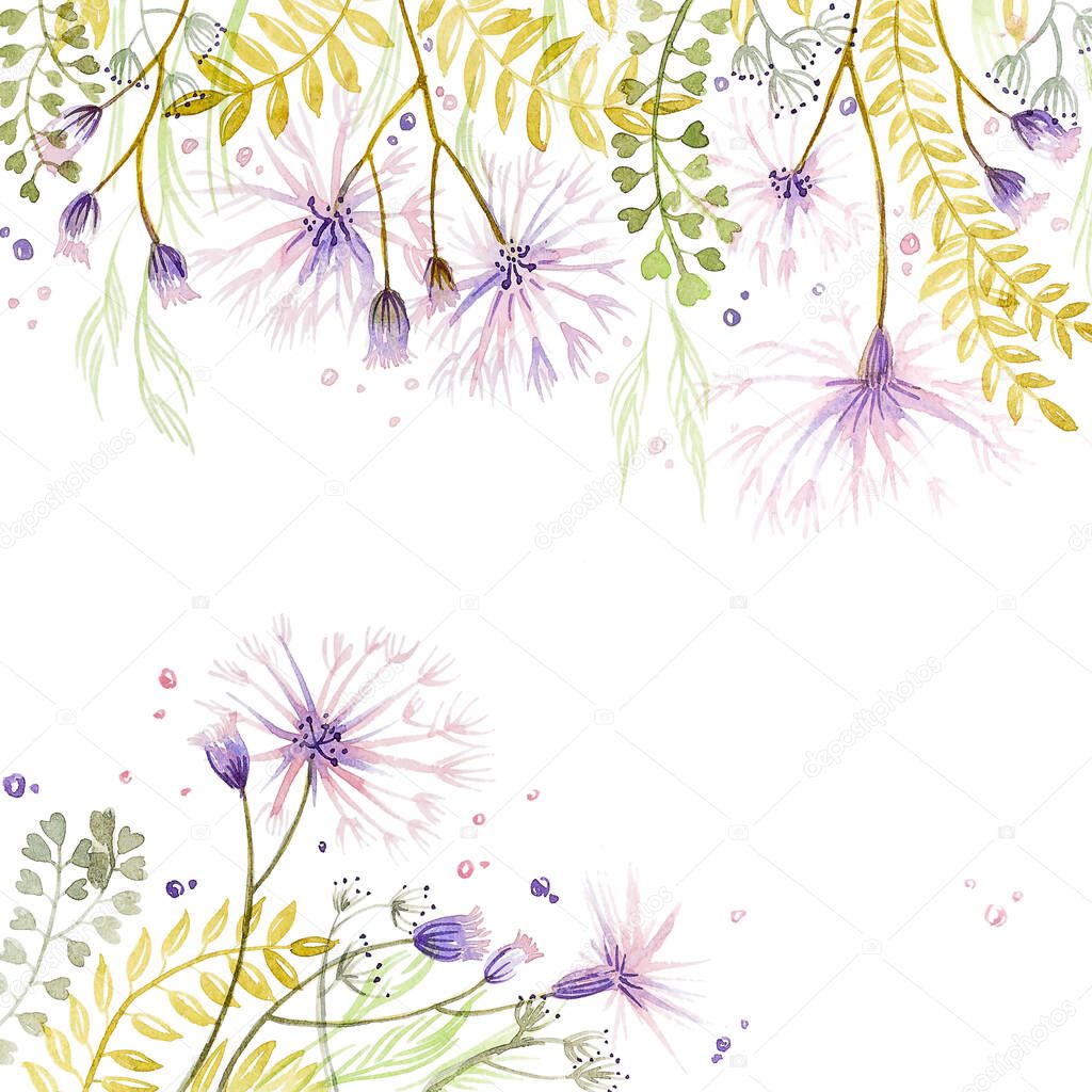 Leaves with wild fluffy lilac flowers, on a white background, watercolor, handmade