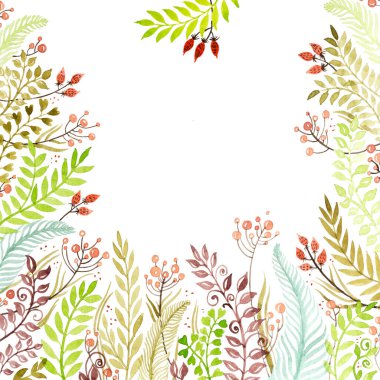 Beyaz arkaplanda yeşil-kahverengi renklerde yaprak ve dal çerçevesi, suluboya el yapımı