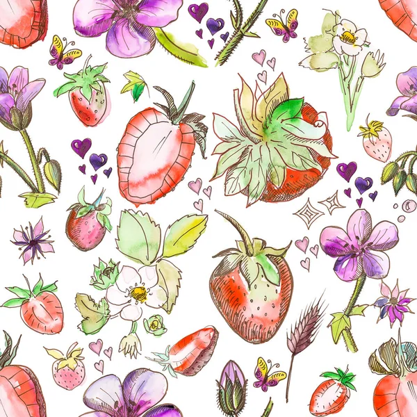 Nahtloses Muster Erdbeeren und violette Wildblumen auf weißem Hintergrund, Aquarell handgefertigt — Stockfoto