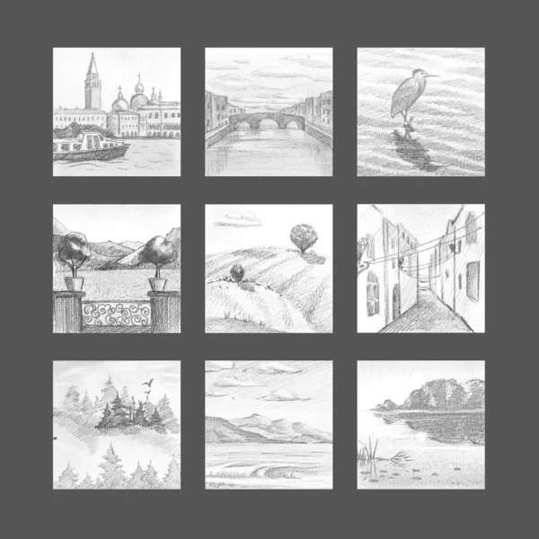 Uppsättning av nio olika landskap: bro, berg, hav, fartyg, fågel, gran träd, flod, träd, hus, fält. — Stockfoto