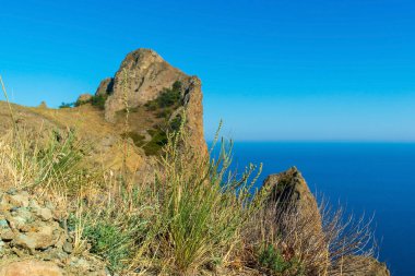 Karadag rezervi kayası, açık mavi denizin arka planına karşı, Kırım. Ön planda çimenli yeşil kulplar, uzaklarda bulanık dağlar..