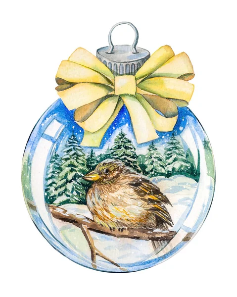 Weihnachtsbaum Spielzeugkugel Mit Einer Gelben Schleife Einer Winterlandschaft Handgemachtes Aquarell — Stockfoto