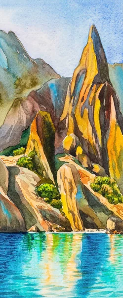 Seascape, hand-painted watercolor, narrow vertical. High yellow rocks, some green bushes, below the turquoise sea with a reflection of the mountains.