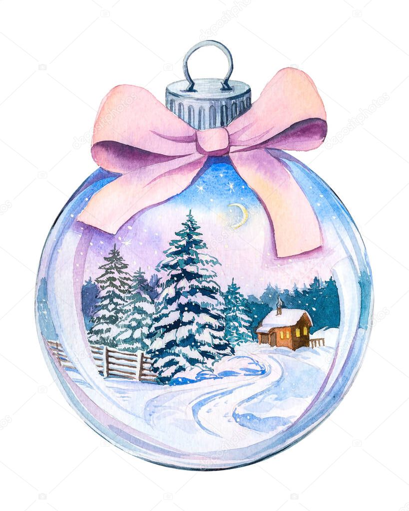Christmas toy ball with a pink bow, inside a winter landscape, watercolor handmade. Night Christmas trees with a fence in the snow, a house with yellow windows, a forest, in the sky the moon and stars