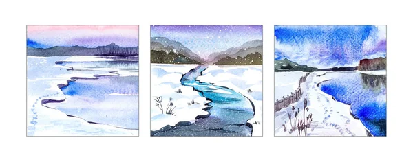 Krajiny řek a jezer v zimě, ručně dělané akvarely. — Stock fotografie