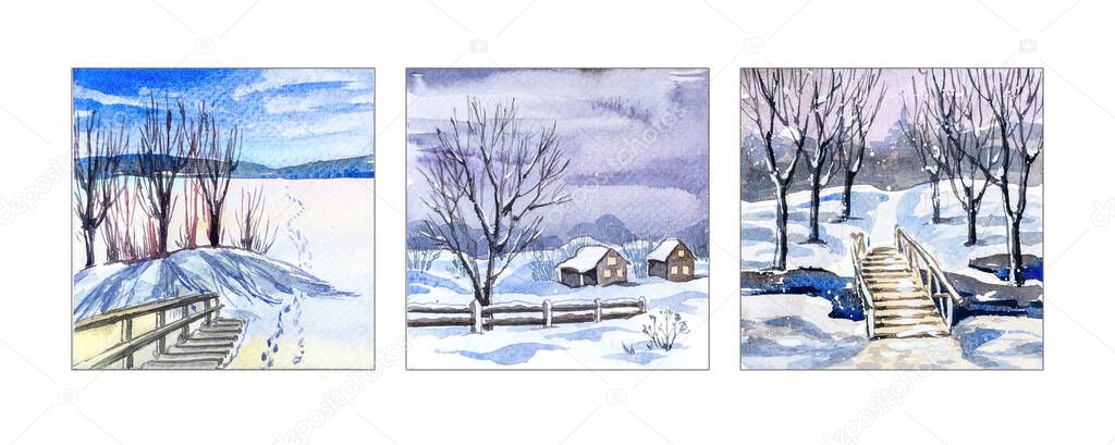 Winter landscapes with trees, handmade watercolor. 