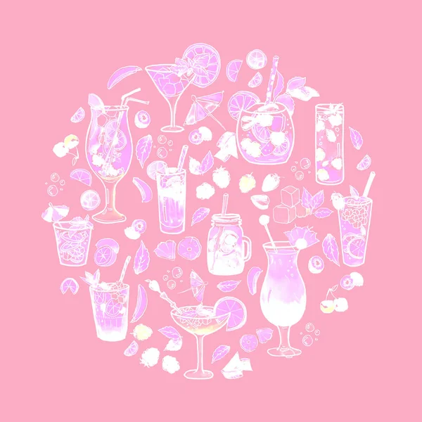 Circle of white lilac cocktails and fruits on a pink background, watercolor painting and pen sketch.