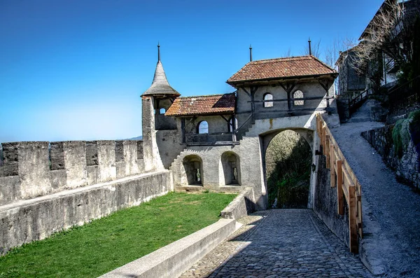 Interno Dell Ingresso Castello Medievale Villaggio Delle Alpi Svizzere — Foto Stock