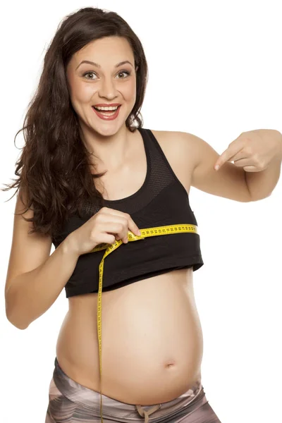 Happy Pregnant Woman Measuring Her Breasts White Background — Stock Photo, Image