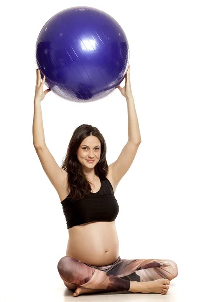 Young Beautiful Pregnant Woman Posing Fitness Ball White Background — Stock Photo, Image