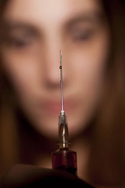 Girl Holding Syringe Drugs Addiction Concept — Stock Photo, Image