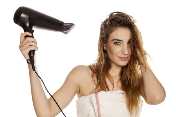 Young Beautiful Woman Drying Her Hair Blow Dryer White Background — Stock Photo, Image