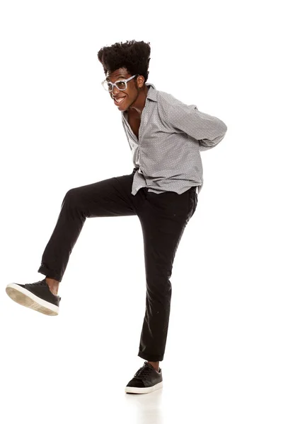 Young Handsome Smiling Afro American Stylish Hipster Guy Dancing Isolated — Stock Photo, Image