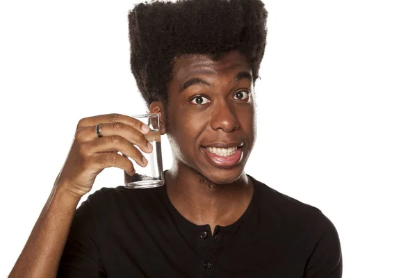 Portrait Young African American Man Holding Glass Water White Background — Stock Photo, Image