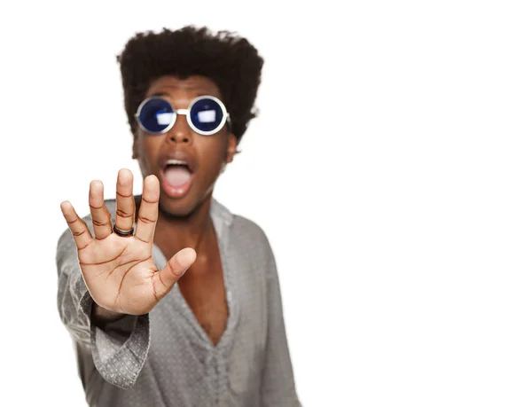 Jovem Bonito Afro Americano Elegante Hipster Cara Mostrando Parar Com — Fotografia de Stock